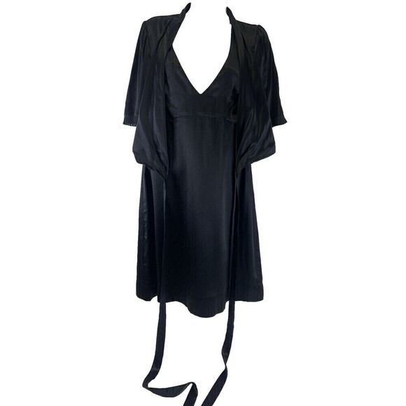 BOGO BCBGMaxazria Silk Dress Black Short Pleated Sleeves Tie Wrap Around Medium - Picture 8 of 14